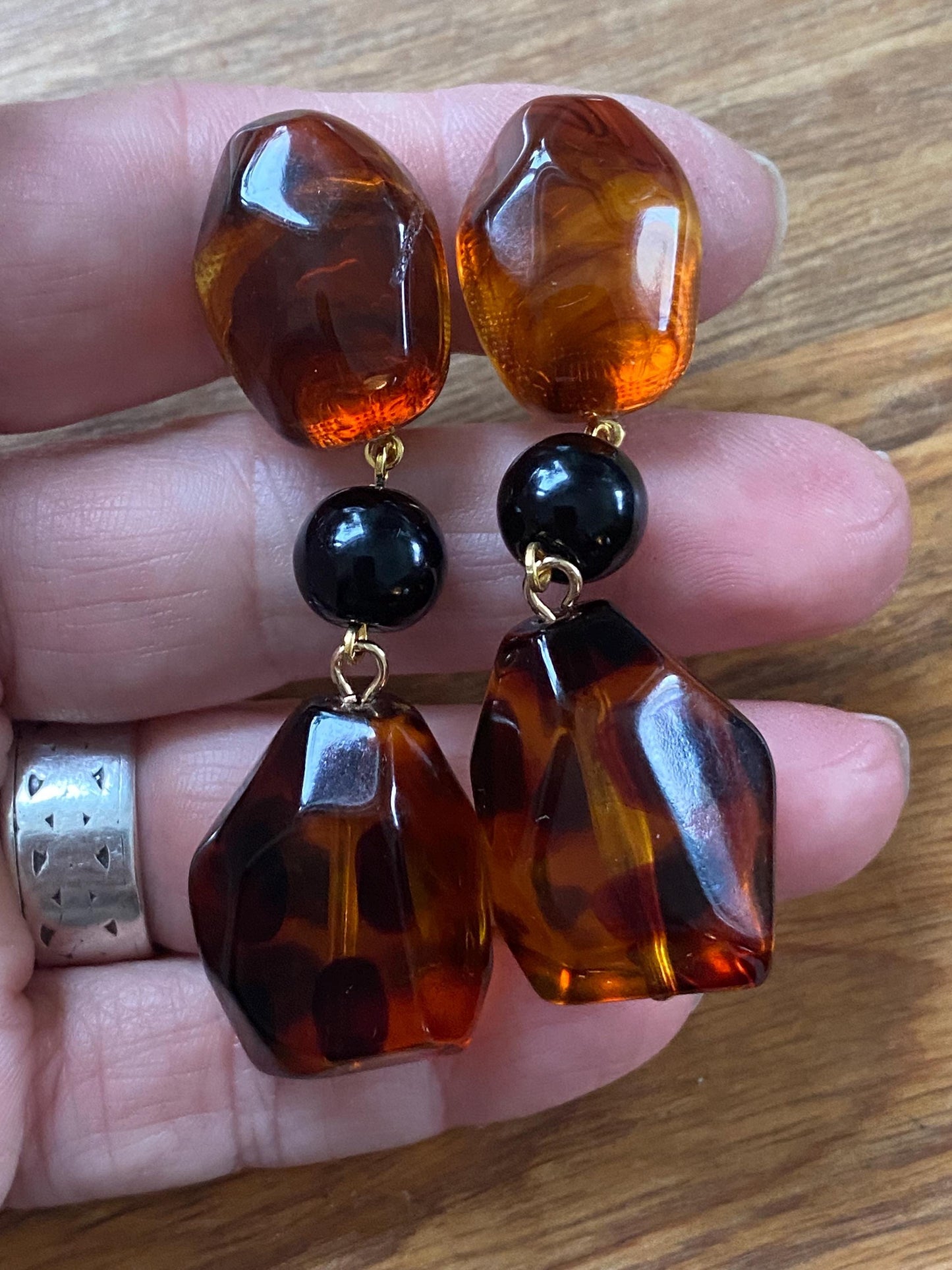 Dangling clip on boho tortoiseshell earrings, dangling neutral brown ear clips