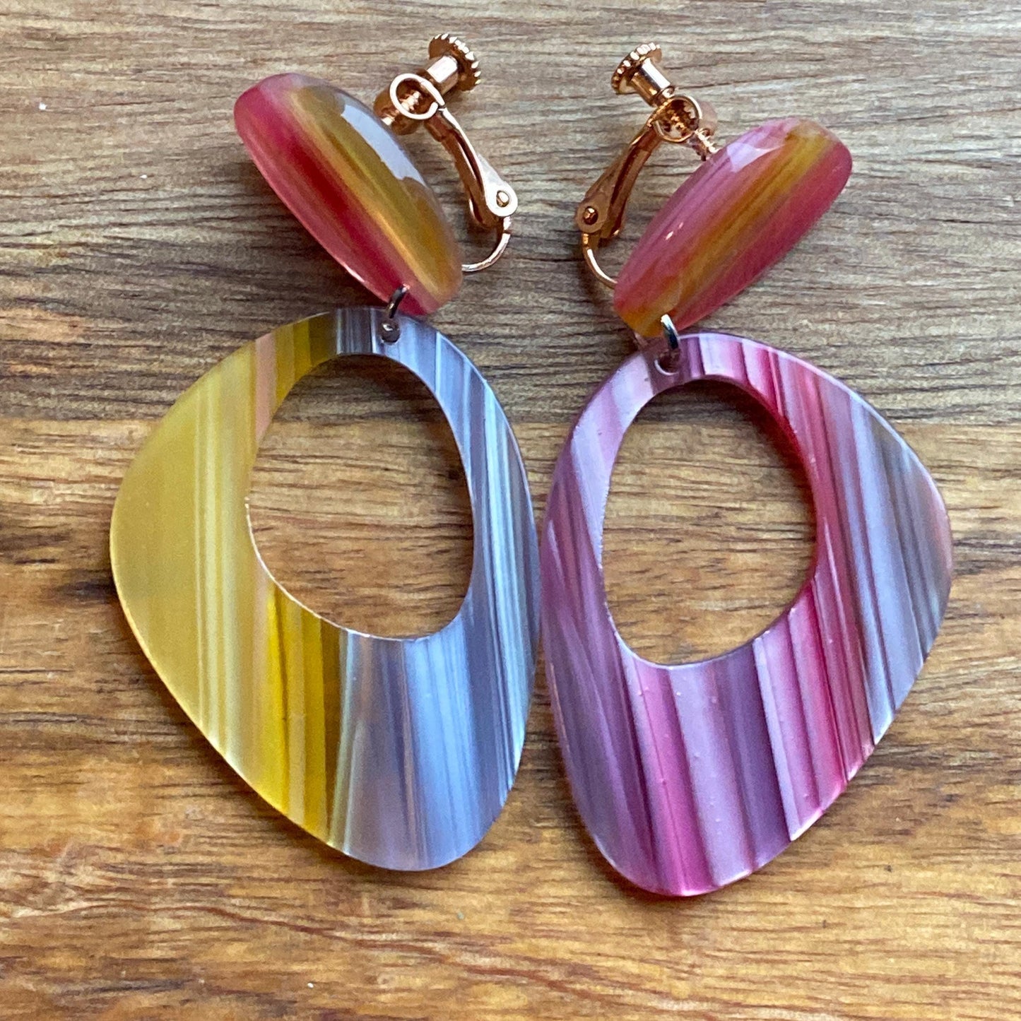 Abstract clip on pastel rainbow dangling clip on earrings