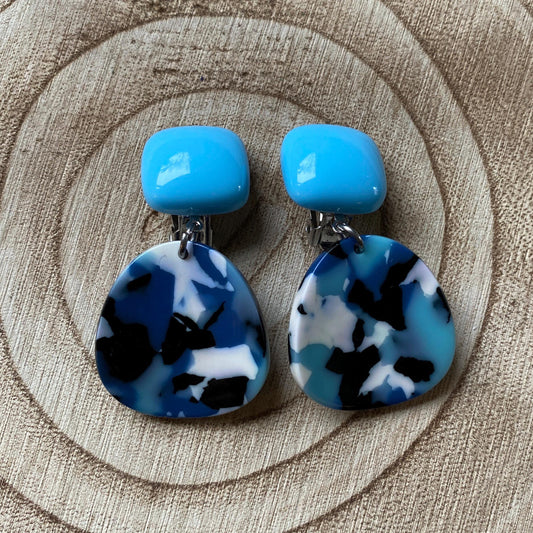 Trendy clip on dangling blue tortoiseshell earrings, chunky blue or demure gold ear clips
