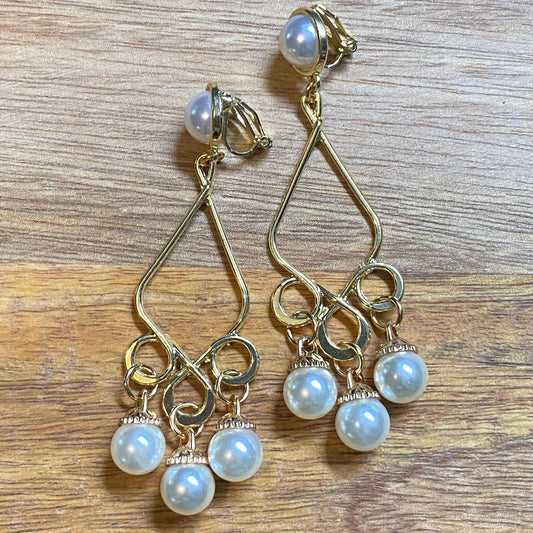 Dangling faux pearl clip on earrings, large clip on earrings