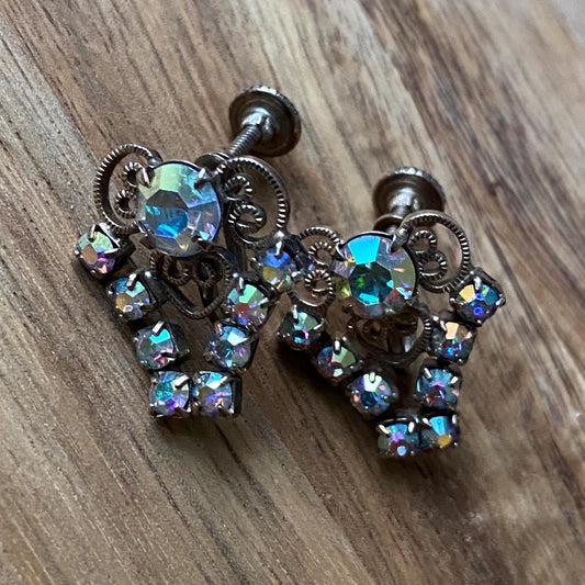 Vintage iridescent rhinestone clip on earrings with filigree accents, screwback ab rhinestone earrings