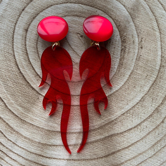 Large dangling clip on flame earrings, translucent flame ear clips