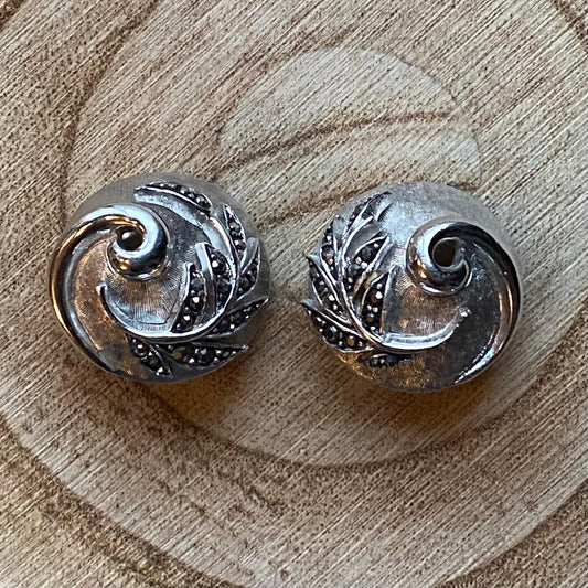 Vintage Avon Marcasite clip on earrings, silver button earrings