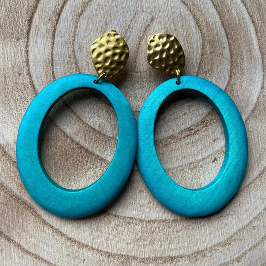 Large clip on rustic wooden hoop earrings, dangling pink or blue hoop earrings