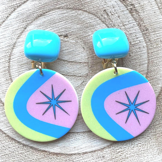 Dangling atomic space age multicoloured plastic clip on earrings