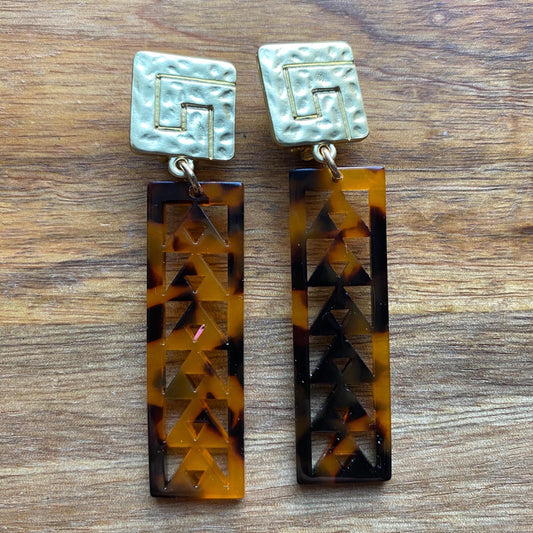 Clip on tortoiseshell dangling earrings, lightweight rectangle drop earrings