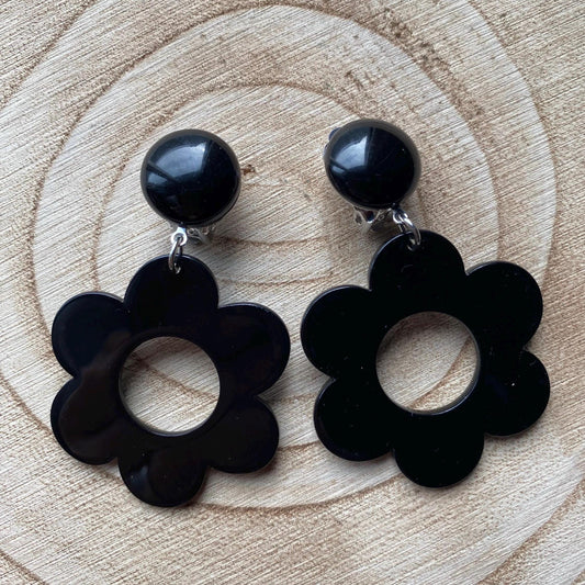 Black clip on flower earrings, dangling handmade  earrings, neutral clip on earrings for unpierced ears