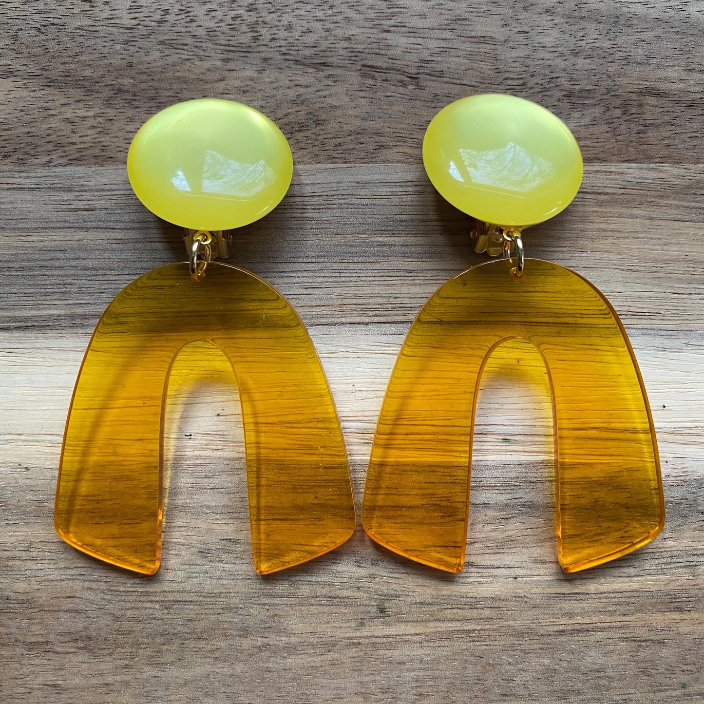 Dangling clip on colourful arch earrings, bright modern dangle earrings