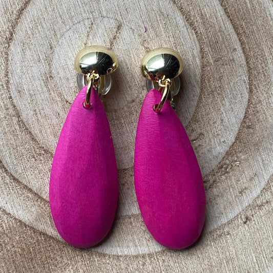 Clip on rustic wooden drop earrings, dangling pink or blue earrings