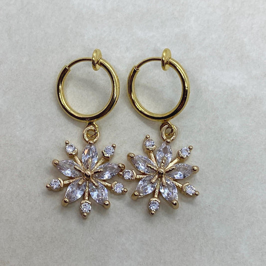 Sparkling snowflake pendant clip on earrings with rhinestone accents (spring hoop)