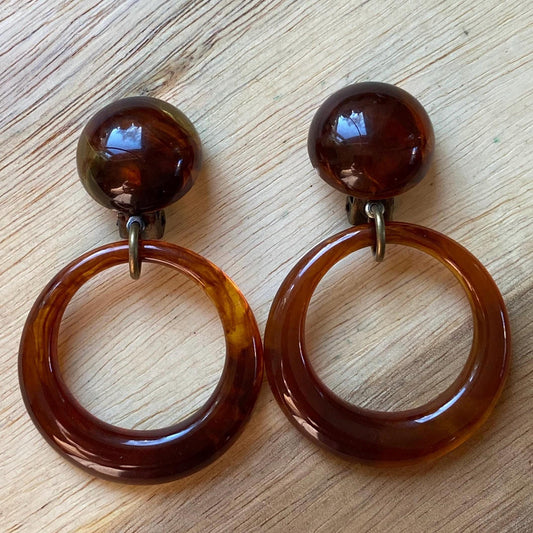 Dangling plastic tortoiseshell  hoop clip on earrings, neutral dangle ear clips