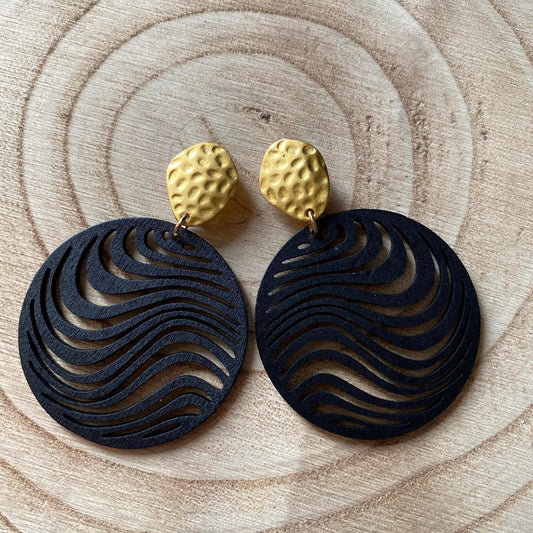 Giant dangling clip on earrings, black wooden laser cut geometric clip on earrings