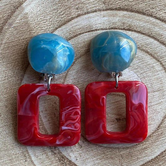 Large clip on red and blue dangle earrings, modern marbled ear clips