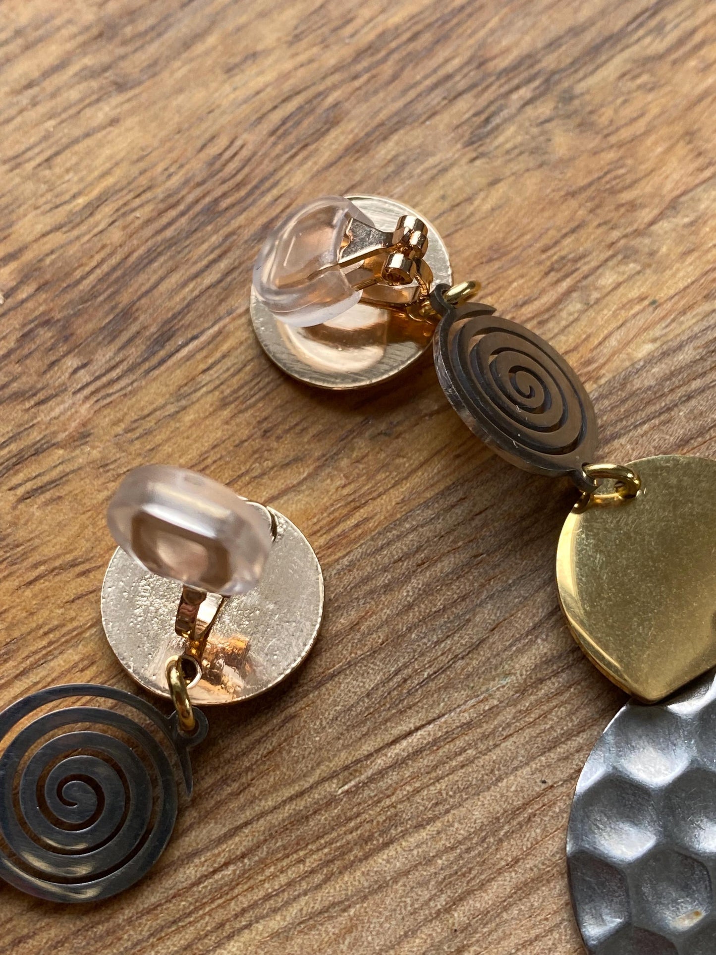 Dangling clip on silver and gold earrings, modern clip on earrings