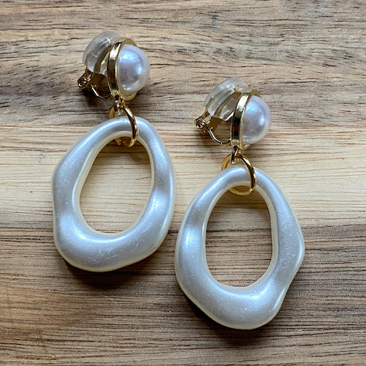 Clip on dangling faux pearl hoop earrings, irregular hoops