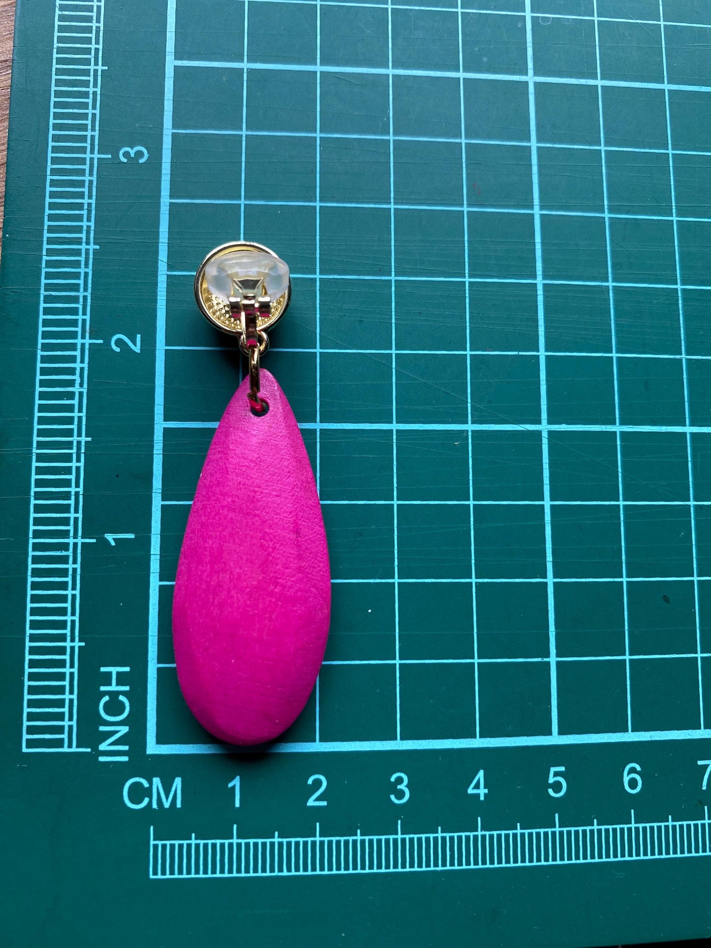 Clip on rustic wooden drop earrings, dangling pink or blue earrings