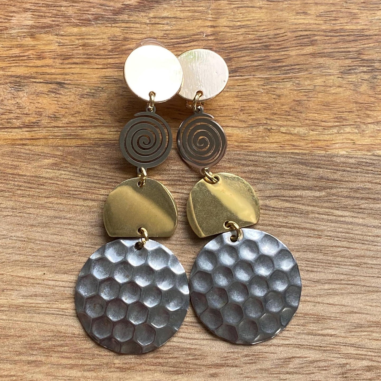 Dangling clip on silver and gold earrings, modern clip on earrings
