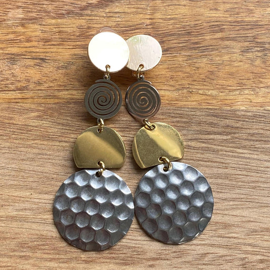 Dangling clip on silver and gold earrings, modern clip on earrings