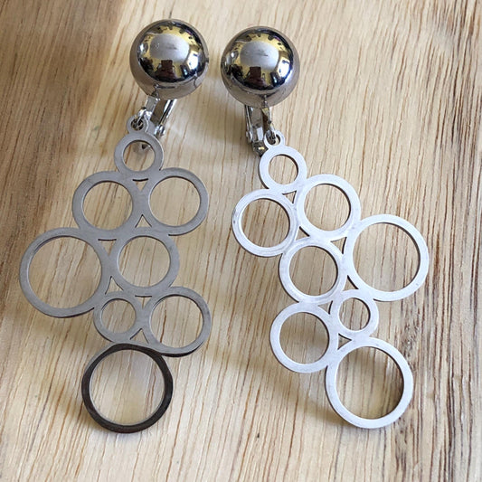 Dangling gold or silver clustered circle clip on earrings (screwback)