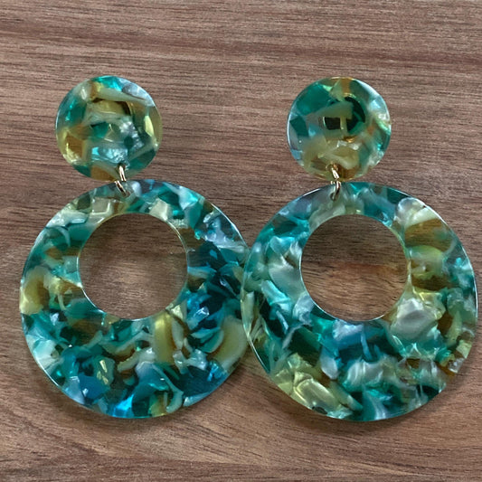 dangling green clip on tortoiseshell hoops