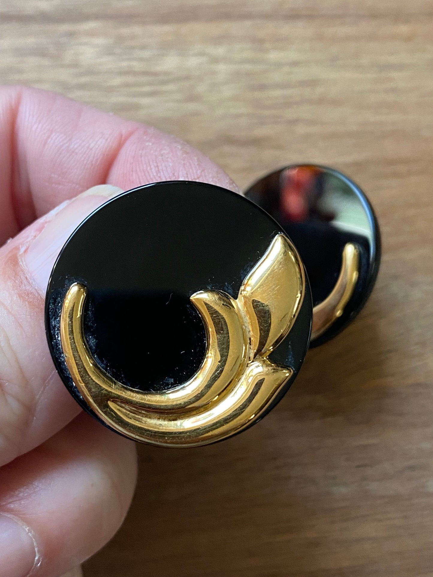 Vintage large unsigned FAC clip on earrings in gold with large black cabochons