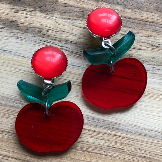 Dangling clip on red apple pendant earrings, translucent apple earrings, novelty clip on earrings
