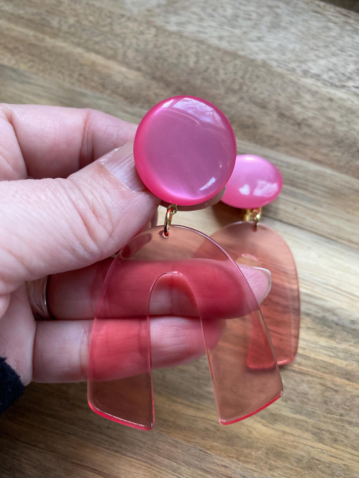 Dangling clip on colourful arch earrings, bright modern dangle earrings