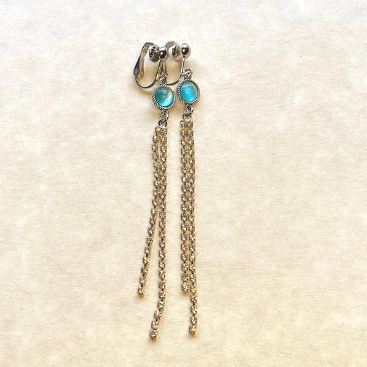 Clip on rhinestone chain earrings, dangling silver earrings for unpierced ears