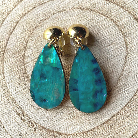 Gorgeous clip on faux abalone teardrop earrings, shell earrings