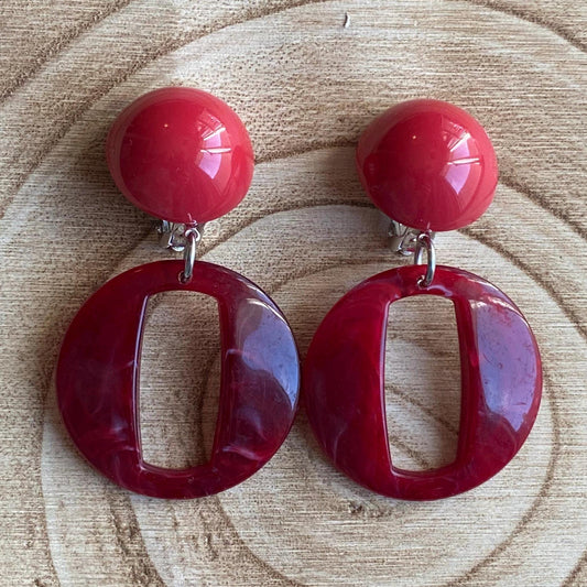 Large clip on red dangle earrings, chunky modern marbled ear clips