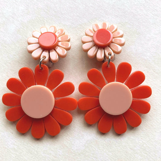 Dangling clip on earrings pink and coral daisies flowers (screwback)