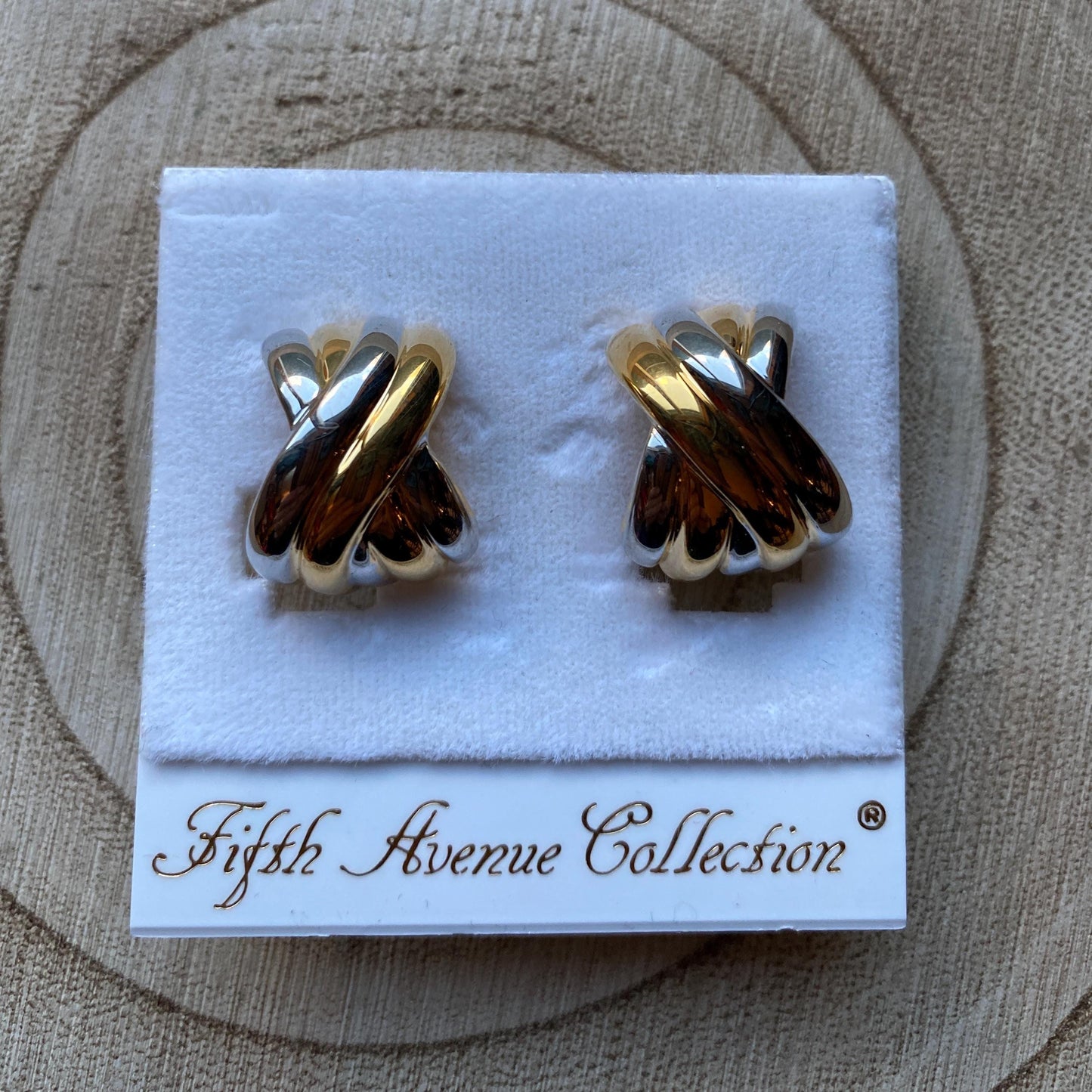 Vintage FAC/Butler clip on earrings, silver and gold half hoops, gold and silver x hoops