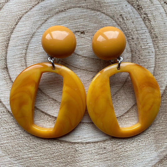 Large clip on olive, black, beige or yellow dangle earrings, modern marbled ear clips