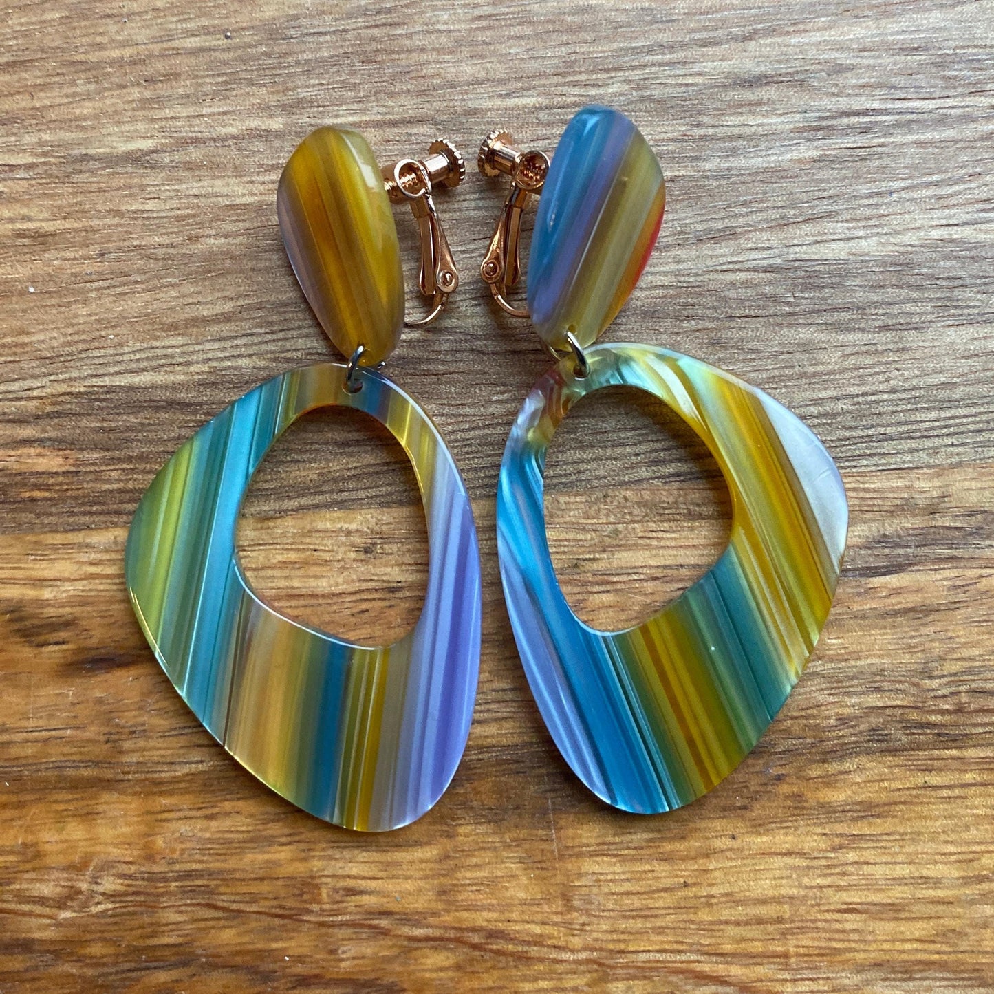 Abstract clip on pastel rainbow dangling clip on earrings