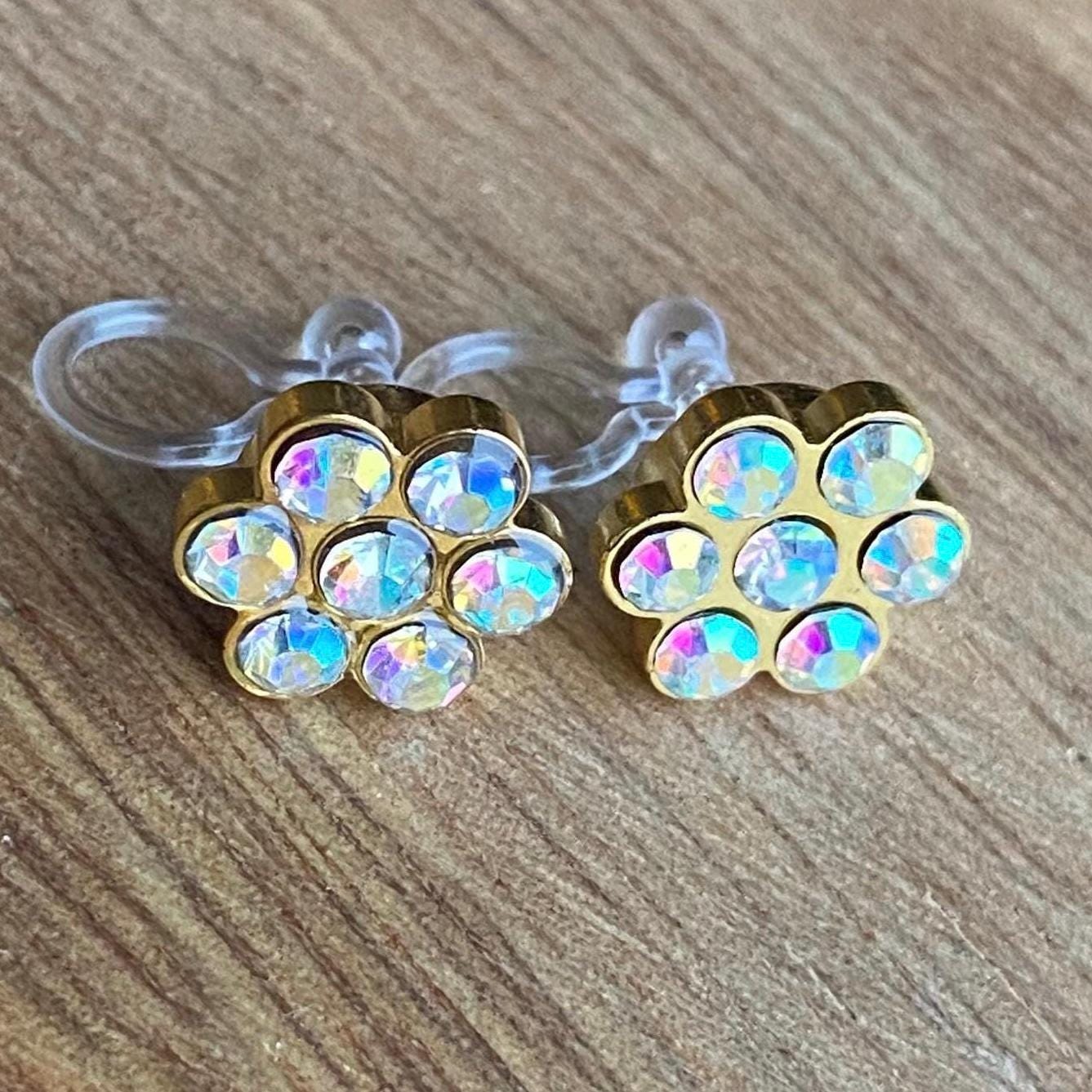 Tiny clip on rhinestone earrings, invisible clip on earrings with plastic clips