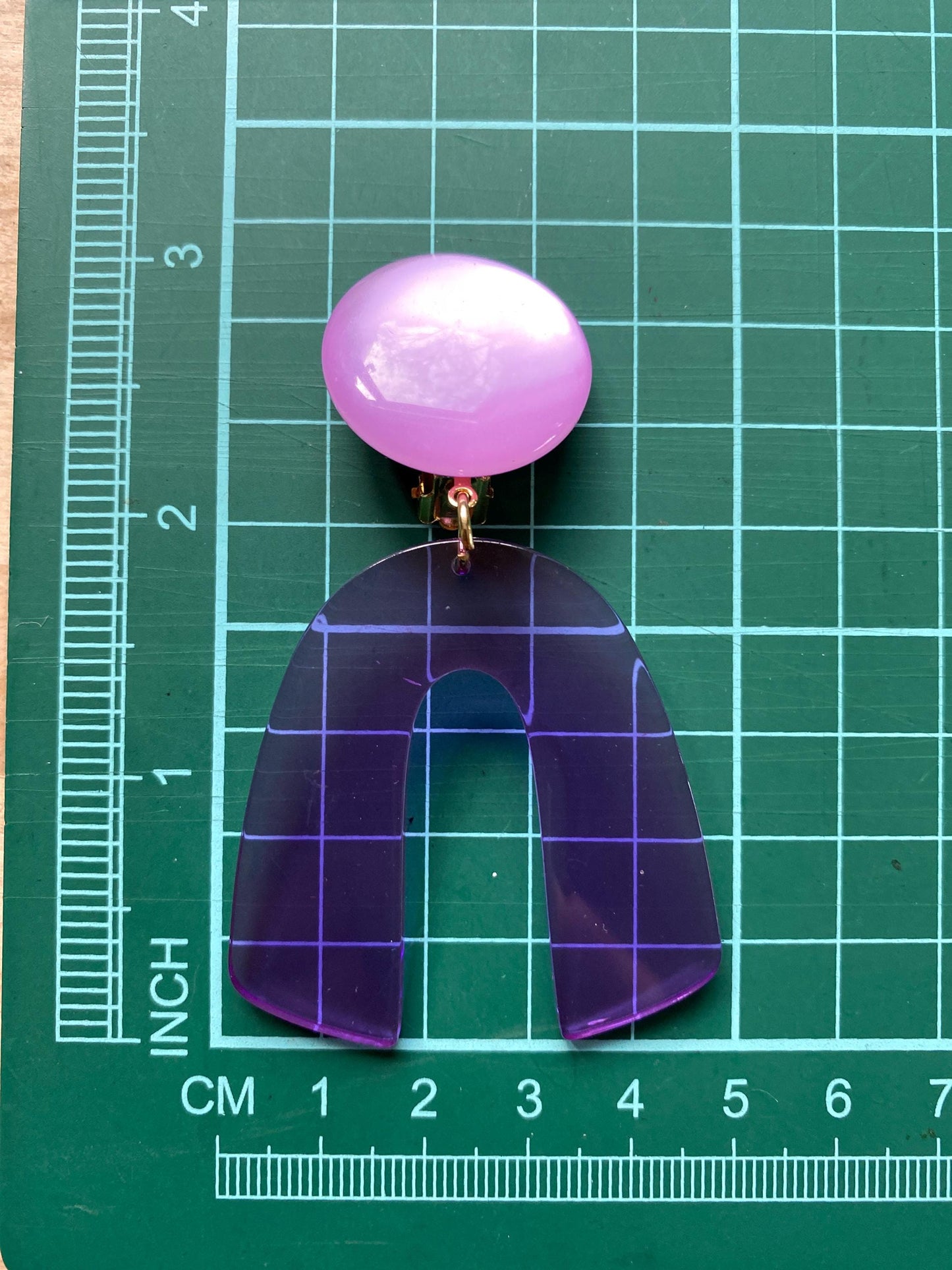 Dangling clip on colourful arch earrings, bright modern dangle earrings