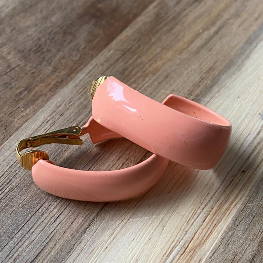 Vintage clip on oblong hoop earrings, peach or cream ear clips