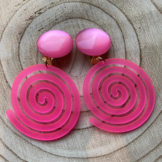 Clip on dangling plastic swirl earrings, orange, green or blue swirl ear clips