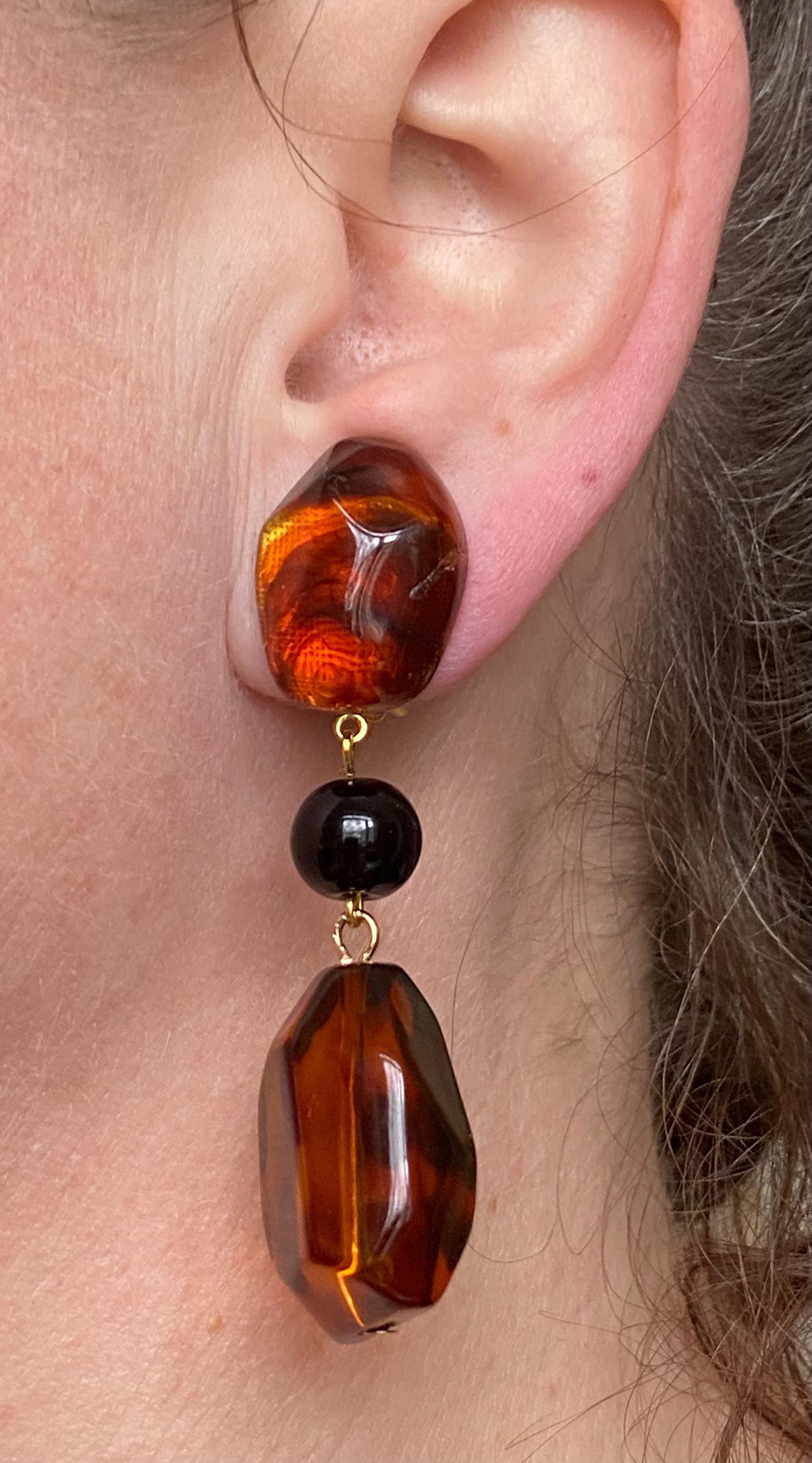 Dangling clip on boho tortoiseshell earrings, dangling neutral brown ear clips