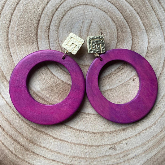 Oversize clip on purple wooden hoop earrings, dangling pink hoop earrings