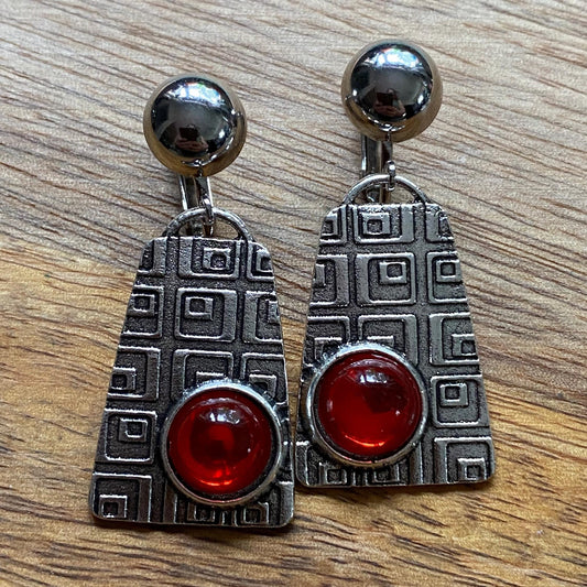 Clip on abstract red cabochon earrings, modern screwback dangling earrings