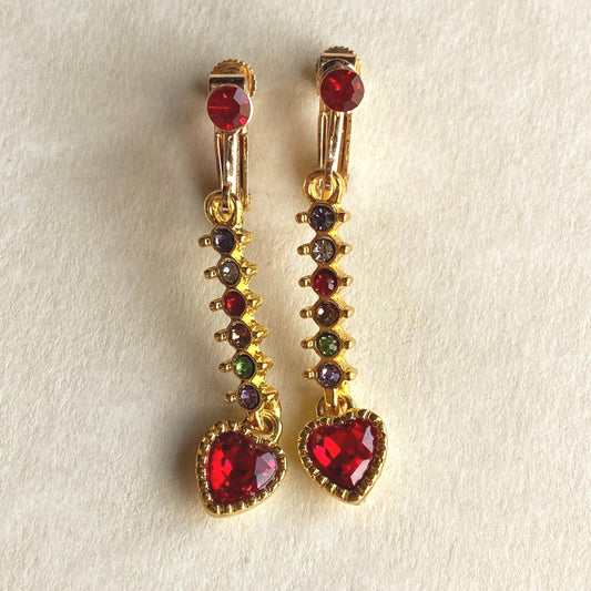 Dangling clip on rhinestone heart earrings, valentines screwback earrings for unpierced ears