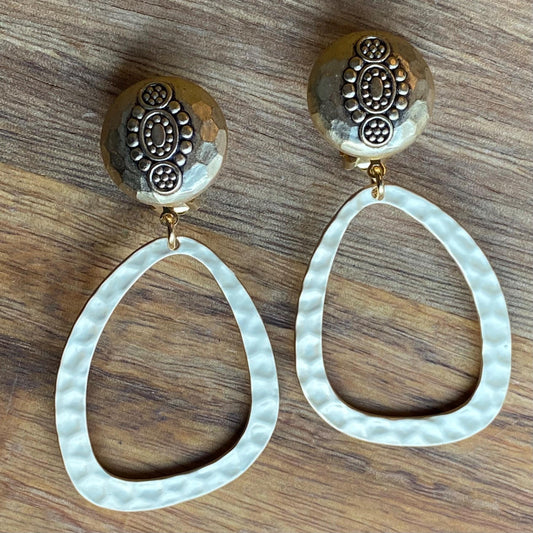 Dangling clip on hammered matte gold dangling  hoop earrings, neutral dangle ear clips