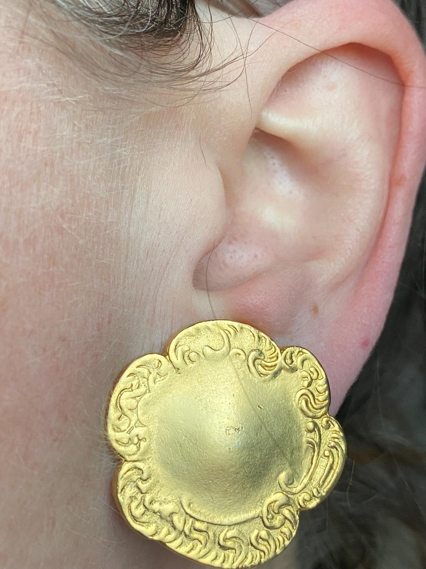 Vintage clip on matte gold button earrings with raised pattern