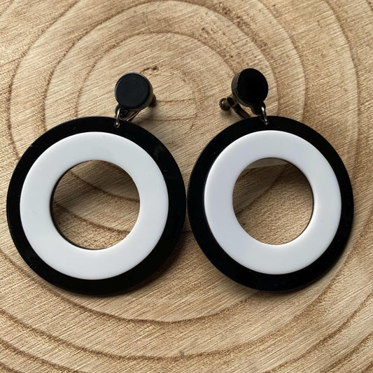 Oversized dangling black and white plastic hoop clip on earrings, dangle screwback hoops