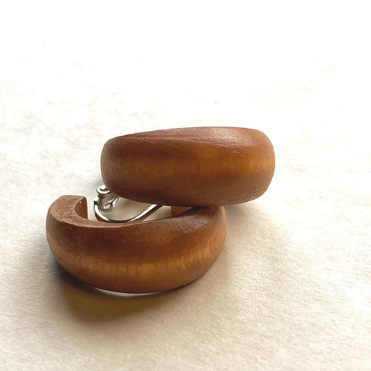 Neutral clip on wooden hoop earrings, simple clip on hoops
