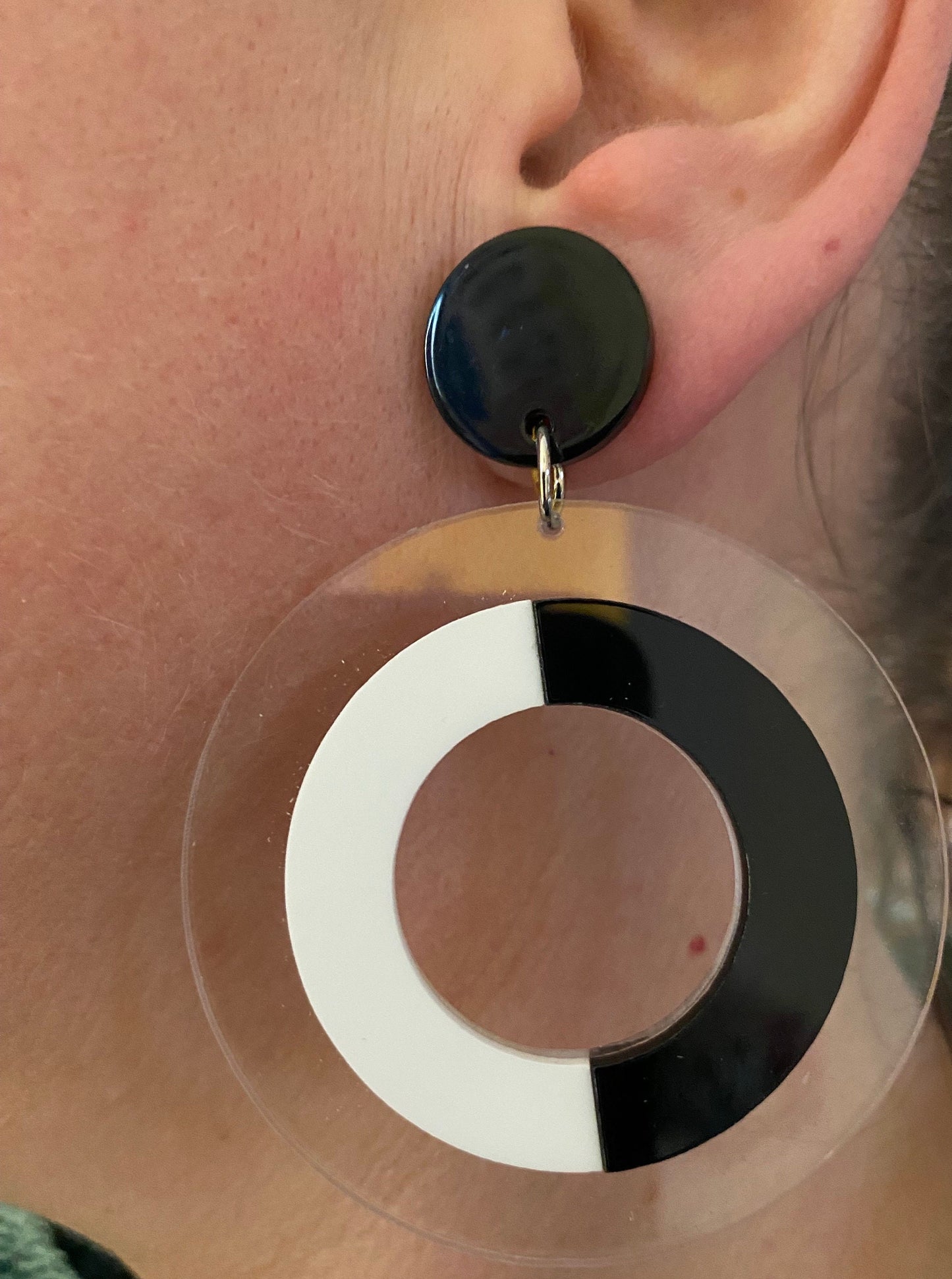 Oversized clip on black and white plastic hoop earrings