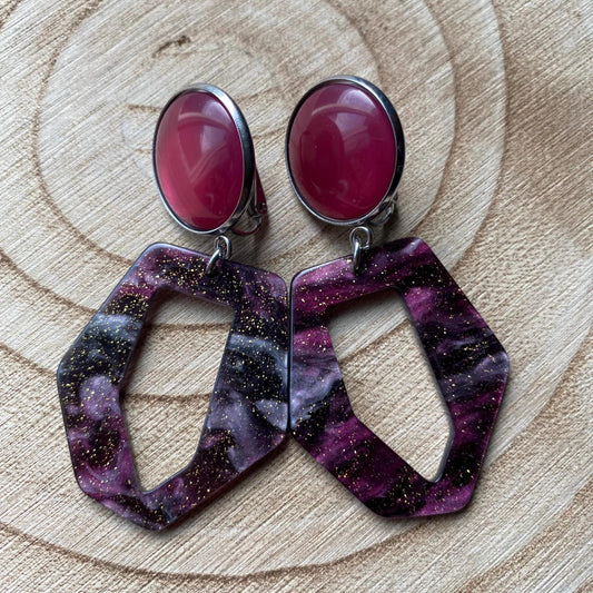 Dangling clip on abstract hoop earrings, modern dangling black and purple earrings