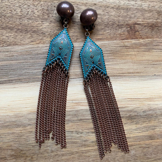 Bronze and copper dangling chain tassel clip on earrings, screwback or clip on chain tassels with patina pendant