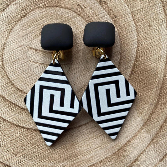 Gorgeous Clip on dangling black and white earrings, geometric earrings
